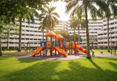 Outdoor playground and green space at a Singapore HDB estate