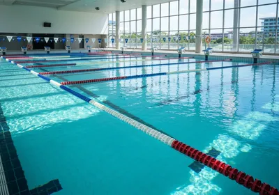 Modern competition swimming pool with turquoise water and lane dividers